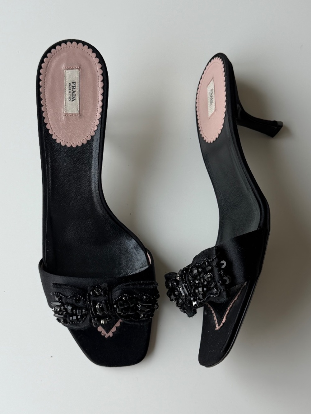 Vintage Prada black satin embellished slides mules, IT 40